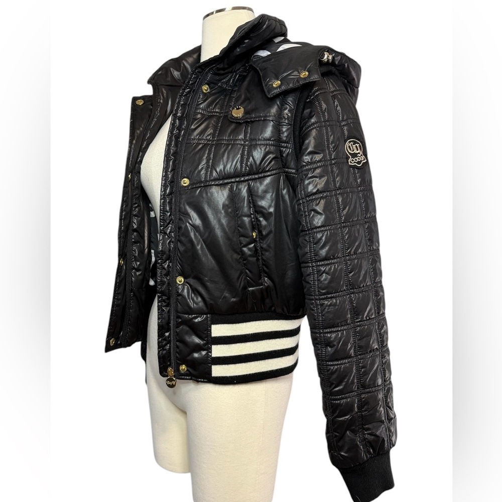 COOGI Black Hooded Puffer Jacket Gold Accent Removable Sleeves Women's Small